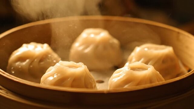 Steaming Hot Delicious Dumplings in a Traditional Bamboo Steamer.