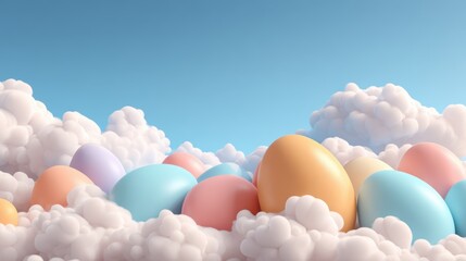 Whimsical pastel Easter eggs nestled in soft clouds against a bright blue sky