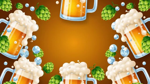 Craft beer mugs with frothy foam and hops on orange background
