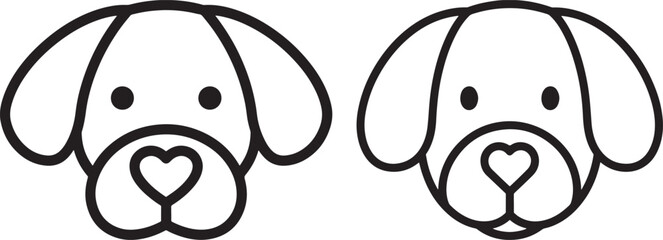 Obraz premium Cute black and white icons of two dog faces with heart noses, perfect for pet lovers, animal shelters, and veterinary services.