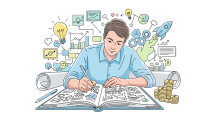 Man Studying with Creative Thought Bubbles. © Erico