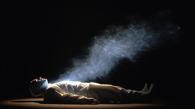 Wide overhead view of a body lying in darkness as a soft translucent white-golden light rises from the chest, forming an amorphous presence symbolizing spirit, transcendence, and metaphysical awakenin
