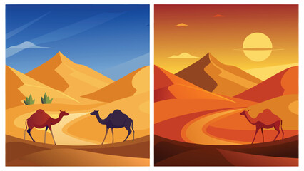 A vibrant sunset over a desert landscape with a camel and a tent Vector © Rana Islam