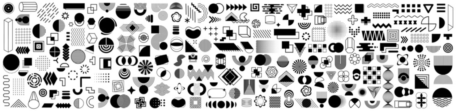 Abstract minimal geometric shapes element mid century vector set. Aesthetic contemporary stripe line art in monochrome. Memphis retro funky designs. Art form for wall art, wallpaper, decoration