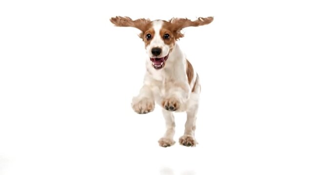 A medium shot of a brown and white dog looking excited on a white backdrop