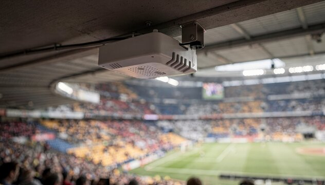 Closeup of a small DAS antenna installed on a stadium ceiling with fans and seats softly blurred behind highlighting optimized cellular coverage in sports venues.