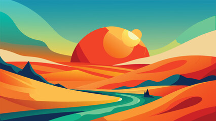 A vibrant sunset over rolling hills with a clear blue sky in the background Vector © Rana Islam