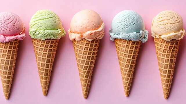 Various ice cream cones are arranged in a row showing different colors and flavors against a pink background in a dessert shop setting