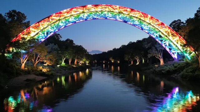 Rainbow Light Arch over Serene River at Night.
