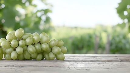 Fresh Green Grapes on Rustic Wooden Table in Sunny Vineyard grapes fresh vineyard rustic fruit bunch