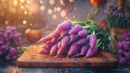 Vibrant Purple Carrots on Wooden Cutting Board with Sparkling Light vibrant purple purple carrots ai