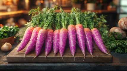 Vibrant Purple Carrots with Green Tops on Wooden Cutting Board vibrant purple carrots colorful fresh