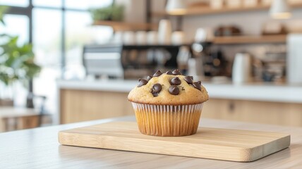 Delicious Chocolate Chip Muffin on Wooden Board in Cafe muffin chocolate delicious cafe dessert food