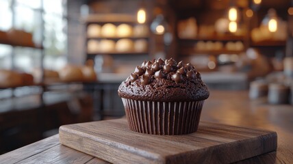 Delicious Chocolate Cupcake Topped with Chocolate Chips on a Wooden Board in a Bakery bakery dessert