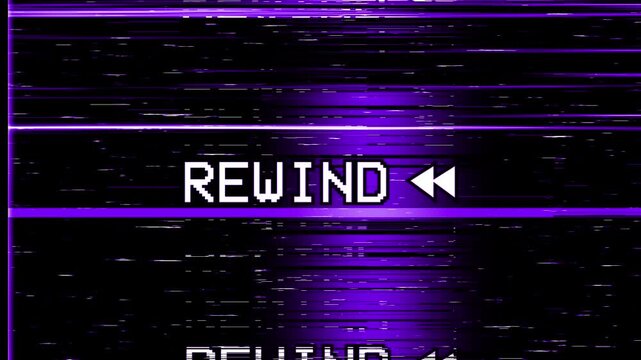 Rewind vhs word rewind twice in a digital distorted style evokes retro glitch art nostalgia. Static noise, glitch effect. Videocassette recorder. Damaged cassette type, bad signal. TV noise. Retro, 4K