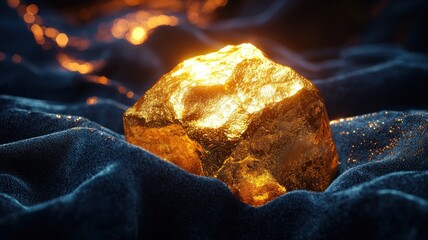 Precious Gold Nugget on Dark Fabric Background gold nugget precious metal shiny metallic ore wealth