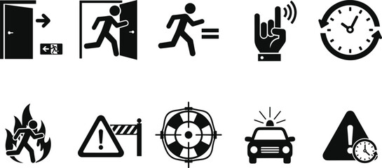 Emergency evacuation and safety icons set, exit door fire alarm police alert warning symbols black pictogram collection © Itz Marjia