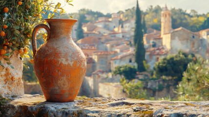 Rustic Terracotta Jug with View of a Picturesque Mediterranean Village picturesque village view town