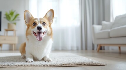 Happy Corgi Dog Relaxing in Modern Home Living Room dog happy home modern relaxing pet puppy smiling