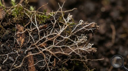 Detailed View of Fungal Hyphae Network on Organic Matter