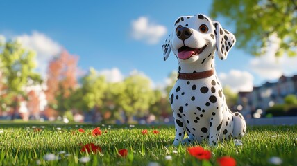 Cute Cartoon Dalmatian Puppy Sitting in Sunny Park with Flowers puppy cartoon park sunny cute dog ai