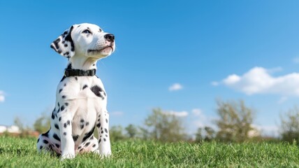 Adorable Dalmatian Puppy Sitting in Green Grass on Sunny Day puppy sitting grass green dog pet breed