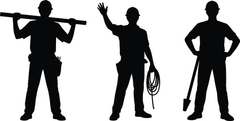 Construction worker silhouettes holding tools and equipment, industrial laborers with helmet pipe cable and shovel isolated on white background vector illustration © LITON WORLD