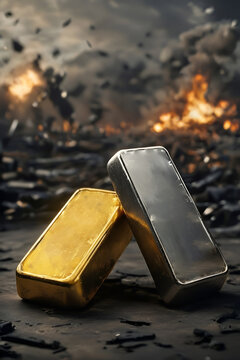 Gold and silver bars symbolizing safe haven assets during economic crisis and war, wealth protection and financial security concept.