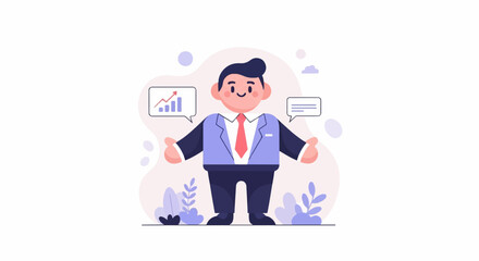 Cheerful businessman in suit presents growth chart and chat bubbles amidst plants