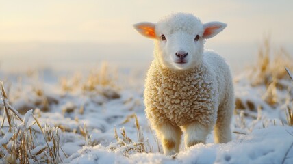 Fototapeta premium Cute Lamb Standing in Snowy Winter Field at Golden Hour lamb cute winter field standing sheep fluffy