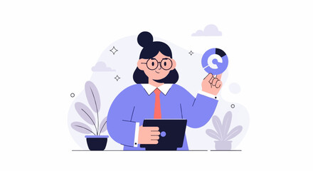 A person in glasses and a suit holds a tablet and a pie chart
