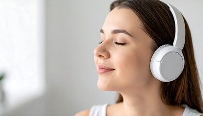 Young Woman Enjoying Music with White Headphones Closed Eyes.