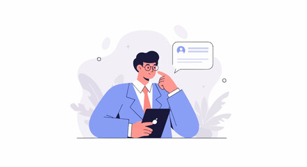 A man in a suit and tie, wearing glasses, holds a tablet and thinks