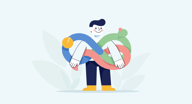 Character with abstract ribbons symbolizing connection and flow