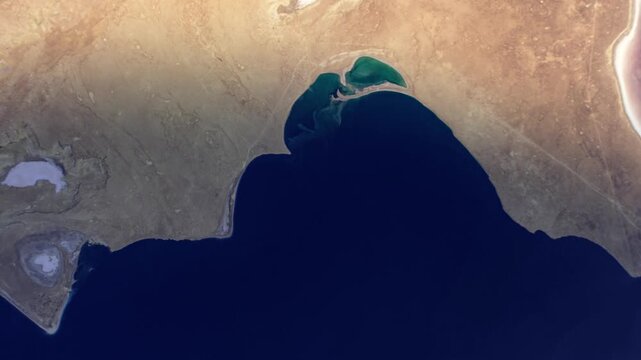 Rotating sunrise timelapse over Kendirli Bay Caspian Sea Kazakhstan satellite view from space based on Nasa imagery