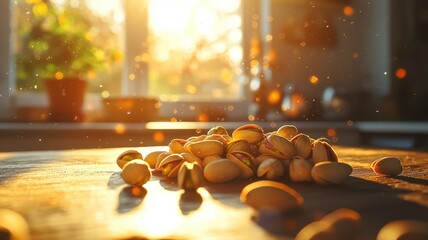 Pile of Pistachio Nuts Illuminated by Golden Sunlight on a Wooden Table nuts table sunlight snack