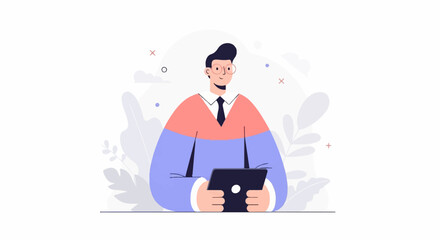 A stylized man in glasses wearing a bicolor sweater and tie, holding a tablet