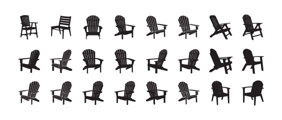 Extensive adirondack chair silhouette collection showing various views and angles of popular wooden outdoor patio furniture vector icons © MdJahid