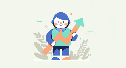A stylized illustration of a person holding a rising arrow, symbolizing growth and progress