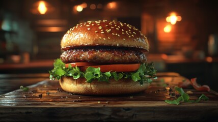 Delicious Gourmet Beef Burger on Rustic Wood Board with Restaurant Background burger gourmet rustic