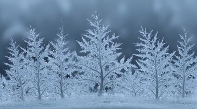 Frozen ferns and frost patterns create a chilly winter wonderland scene with ice crystals