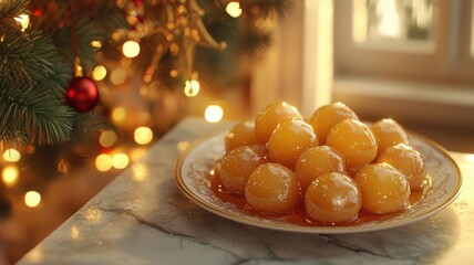 Festive Loukoumades Dessert with Christmas Lights Bokeh dessert festive sweets syrup fried dough art