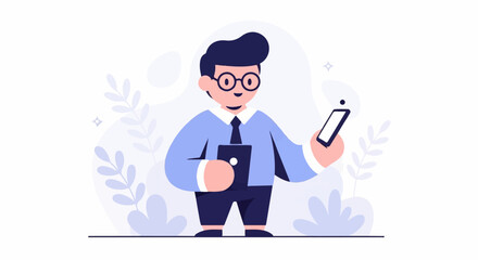 Animated man in suit with glasses holds tablet and phone, surrounded by soft shapes and leaves