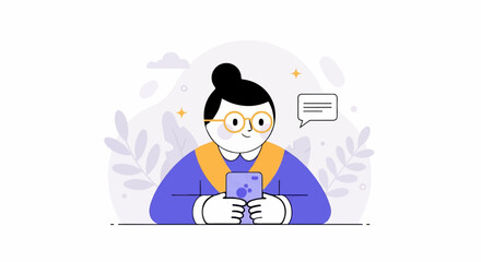 Cheerful person with glasses holds a phone, engaging in digital communication amidst subtle foliage