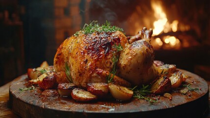 Whole Roasted Chicken Dinner with Vegetables on Wooden Board by Fireplace fireplace dinner potatoes