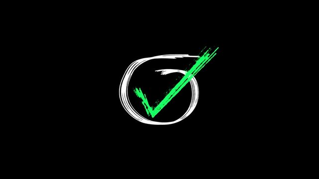 hand-drawn white circle with tic mark icon brush stroke highlight marker shape animation on black background
