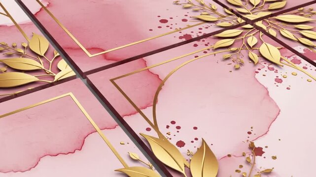 Elegant pink watercolor background with golden botanical leaves and frames