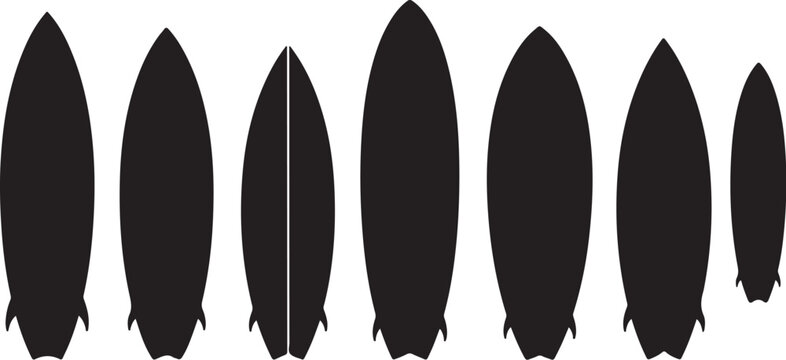 Collection of black surfboard silhouettes on white background
