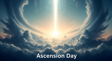 Ascension Day text with a bright light beam descending through f