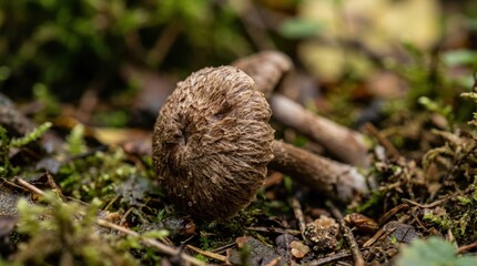Obraz premium Close Up Of A Brown Mushroom With A Textured Cap Growing In Mossy Forest Floor With Fallen Leaves